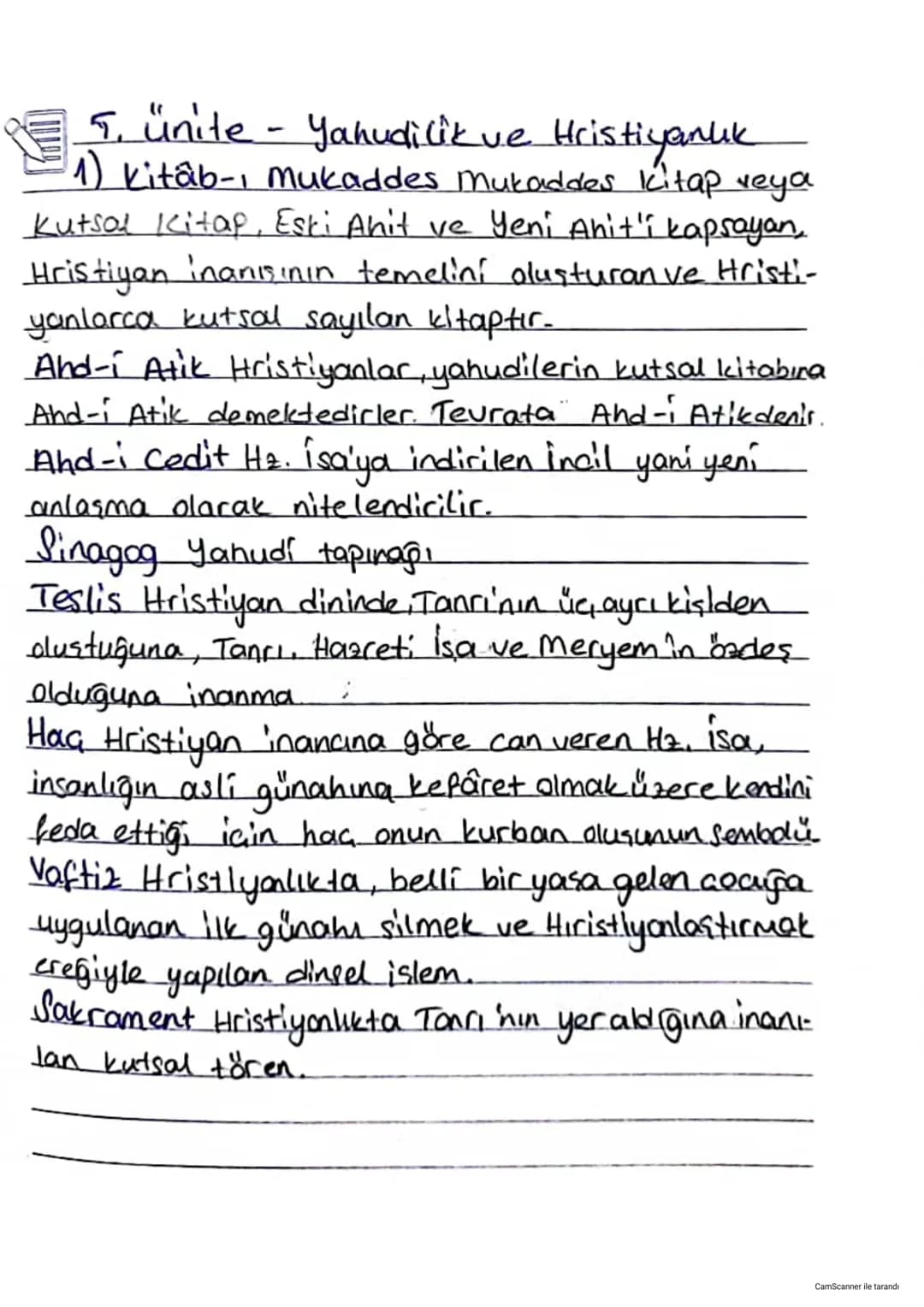 5. ünite - Yahudilik ve Hristiyanlık
1) Kitâb-ı Mukaddes Mukaddes kitap veya
Kutsal Kitap, Esti Ahit ve Yeni Ahit'i kapsayan,
Hristiyan ina