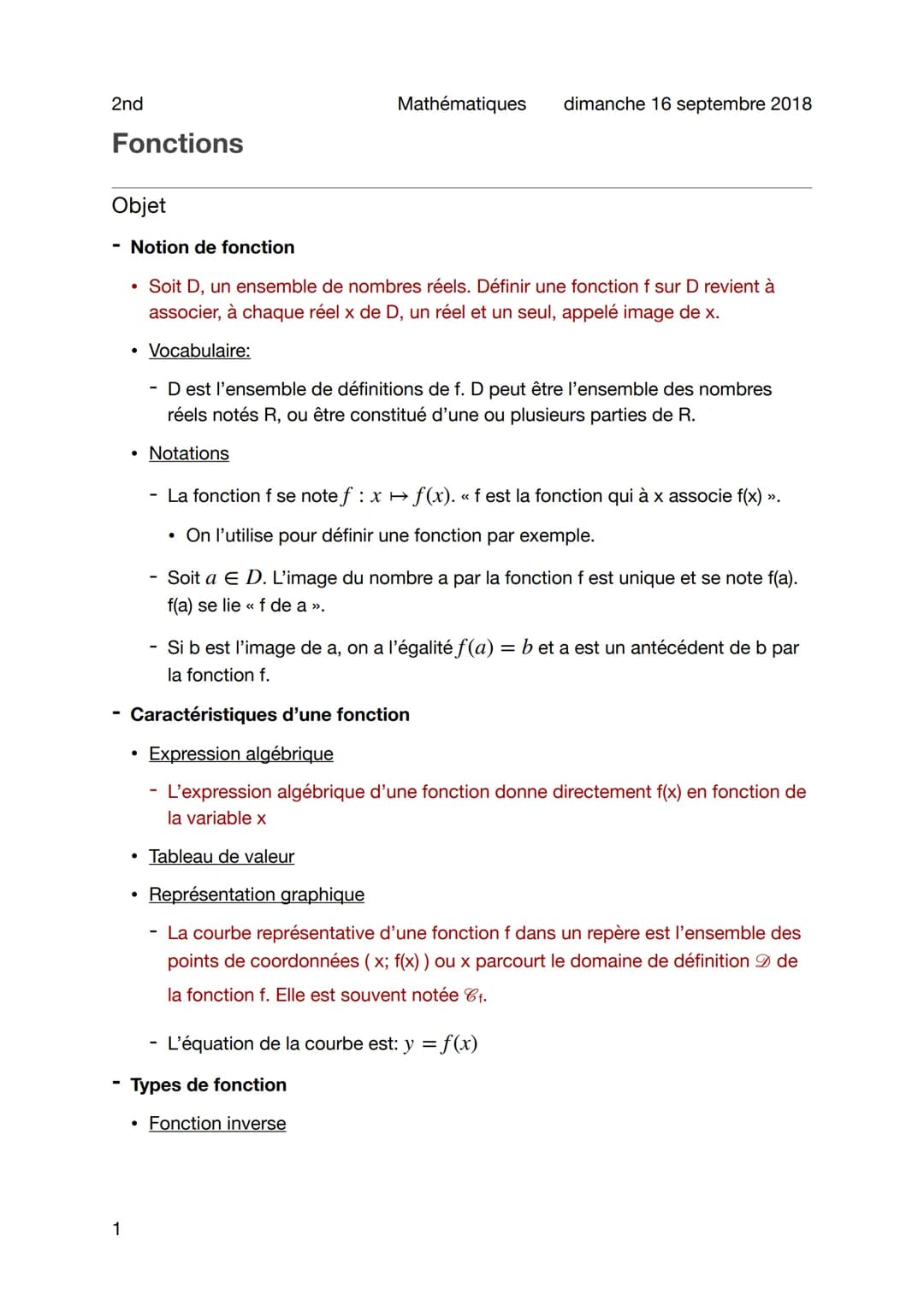 2nd
Fonctions
Objet
- Notion de fonction
Mathématiques
dimanche 16 septembre 2018
- Soit D, un ensemble de nombres réels. Définir une f