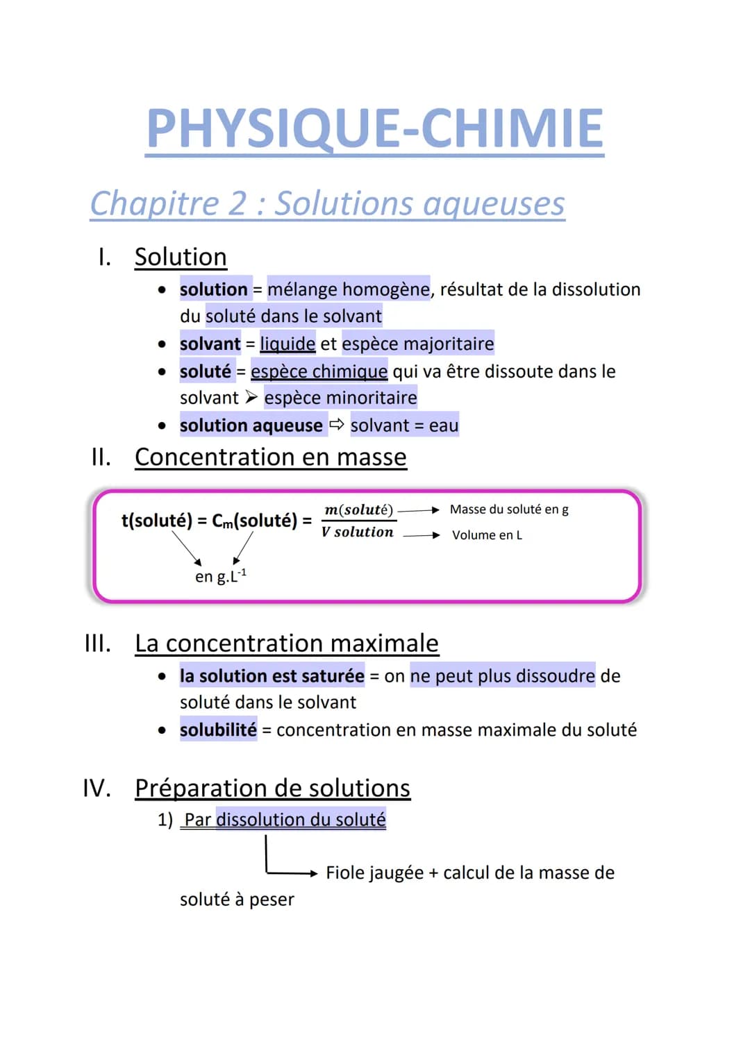 # PHYSIQUE-CHIMIE
## Chapitre 2 : Solutions aqueuses
I. Solution
* solution = mélange homogène, résultat de la dissolution
du solut
