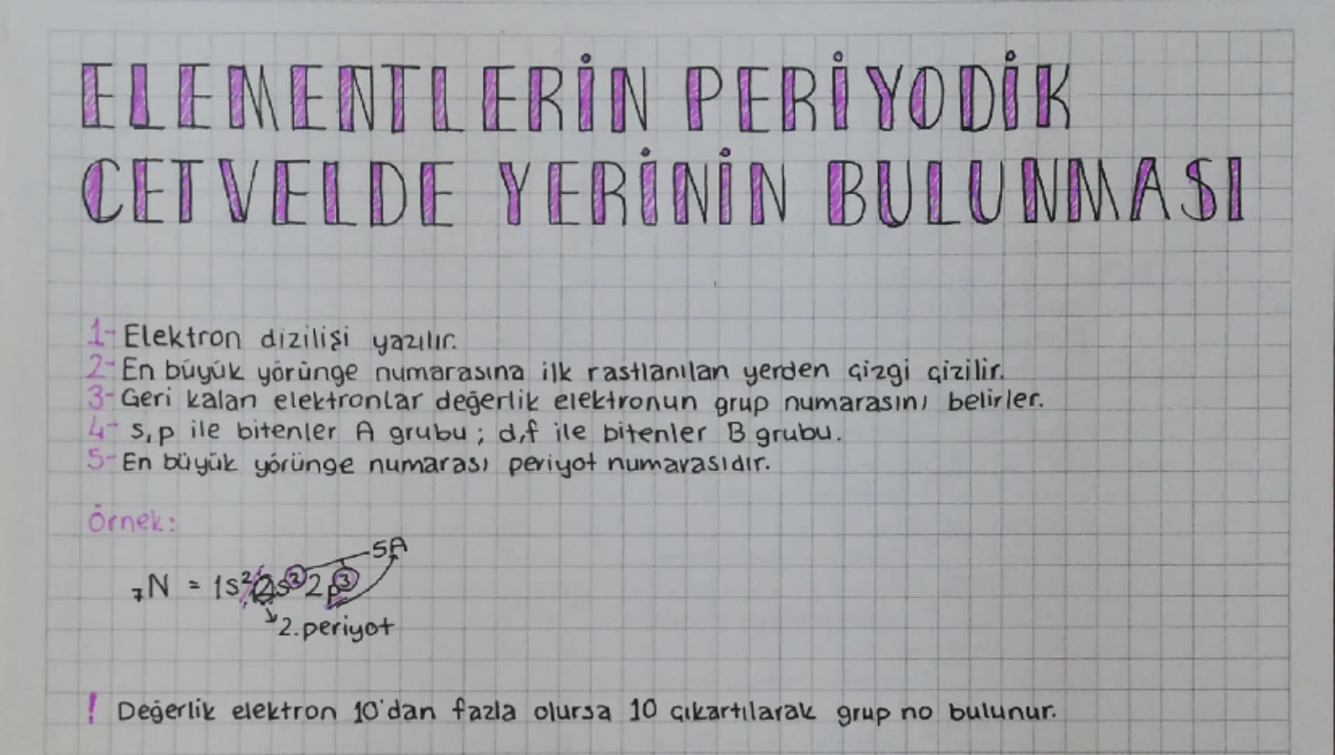 # ELEMENTLERİN PERİYODİK
# CETVELDE YERİNİN BULUNMASI
1- Elektron dizilişi yazılır.
2- En büyük yörünge numarasına ilk rastlanılan yerden ç