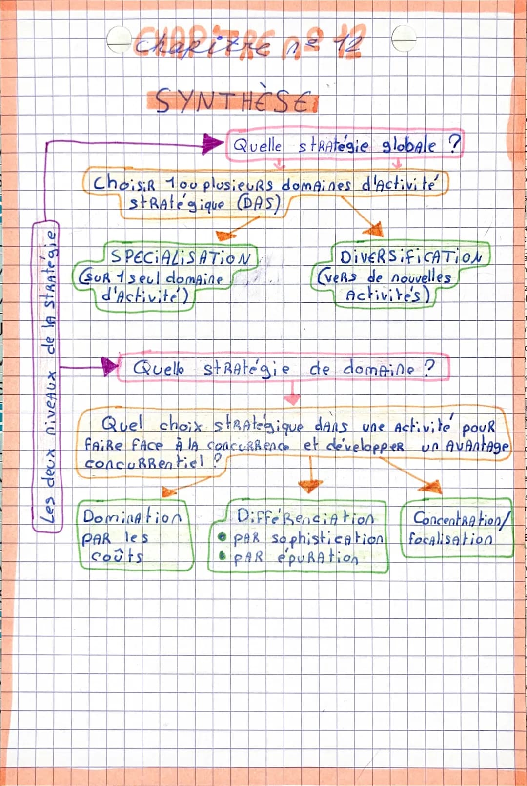 Les deux niveaux de la strategie
-chapitre se 12 -
SYNTHÈSE
Quelle stratégie globale?
Choisir 1ou plusieurs domaines d'activité
stratégi