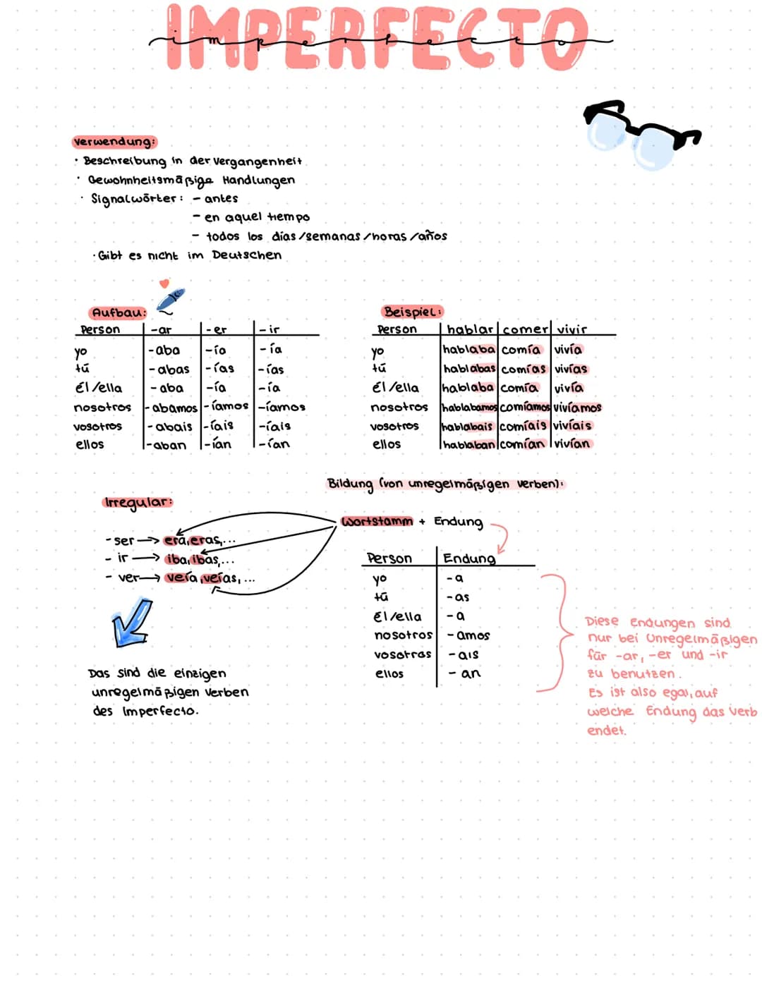# IMPERFECTO
Verwendung:
* Beschreibung in der vergangenheit.
* Gewohnheitsmäßige Handlungen
* Signalwörter: - antes
* en aquel