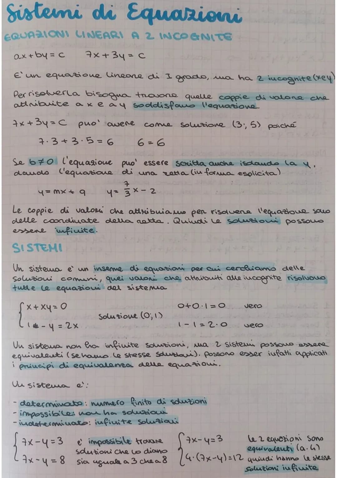 # Sistemi di Equazioni
EQUAZIONI LINEARI A 2 INCOGNITE
ax+by=c
7x+34= c
E' un equazione lineare di I grado, ma ha 2 incognite (xey)
Per