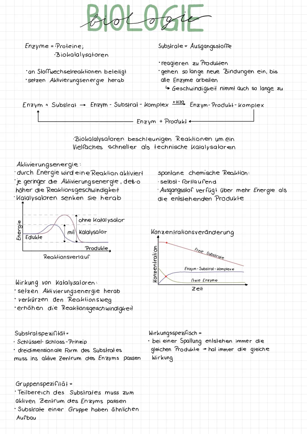 # BIOLOGIE
Enzyme = Proteine;
* Biokatalysatoren
*an Stoffwechselreaktionen beteiligt
*setzen Aktivierungsenergie herab
Enzym Substrat