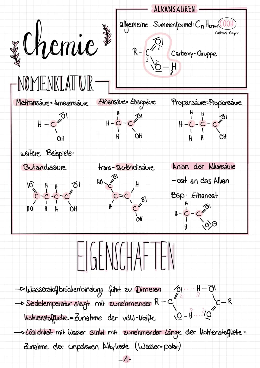 # Chemic
ALKANSÄUREN
allgemeine Summenformel: $C_nH_{2n+1}COOH$
Carboxy-Gruppe
Carboxy-Gruppe
R-
-NOMENKLATUR-
Methansäure - Ameisens