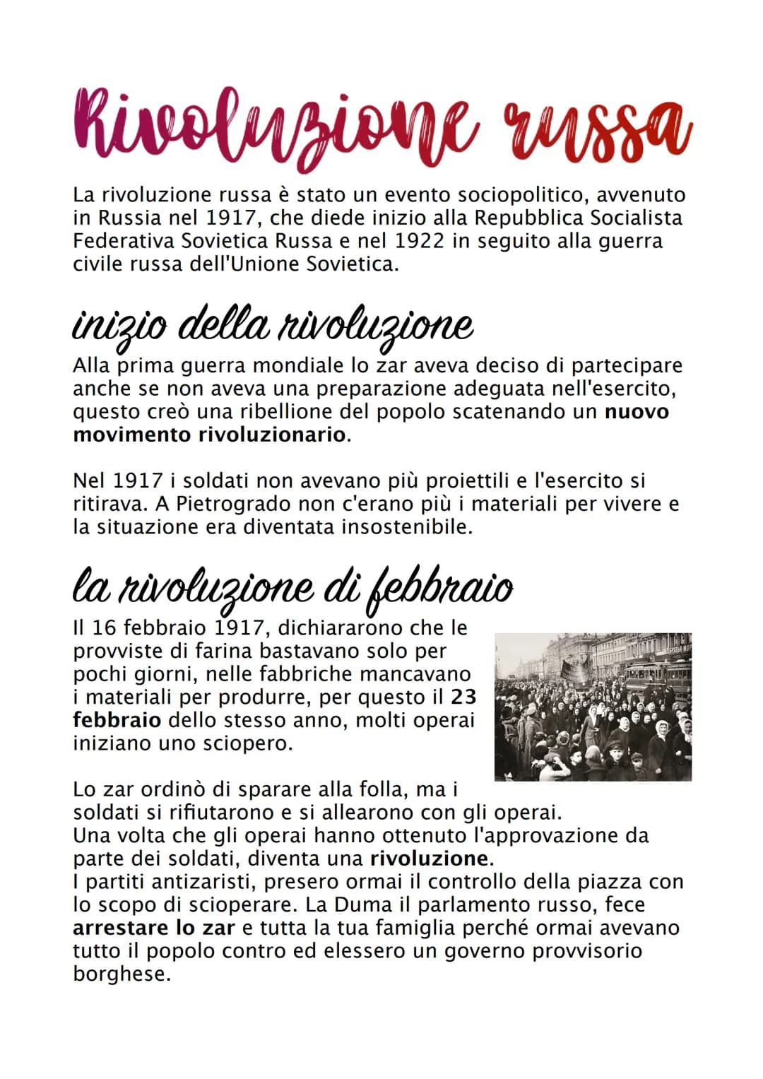 # Rivoluzione russa
La rivoluzione russa è stato un evento sociopolitico, avvenuto
in Russia nel 1917, che diede inizio alla Repubblica Soc