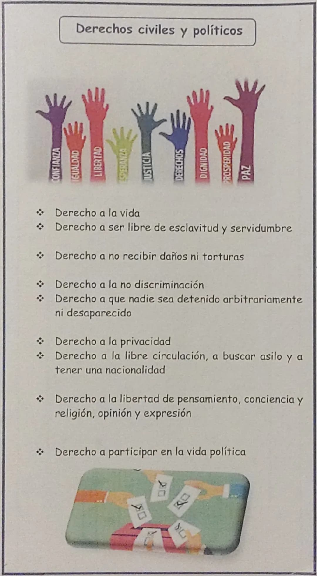 Derechos civiles y políticos
GUALDAD
LIBERTAD
ANZA
DEREC RECHOS
DIGNIDAD
PROSPERIDAD
PAZ
* Derecho a la vida
* Derecho a ser libre