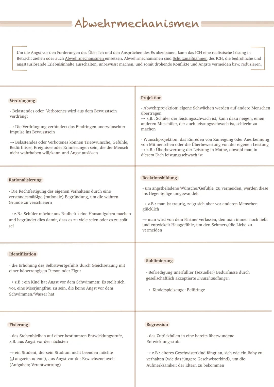 # Abwehrmechanismen
Um die Angst vor den Forderungen des Über-Ich und den Ansprüchen des Es abzubauen, kann das ICH eine realistische Lösun