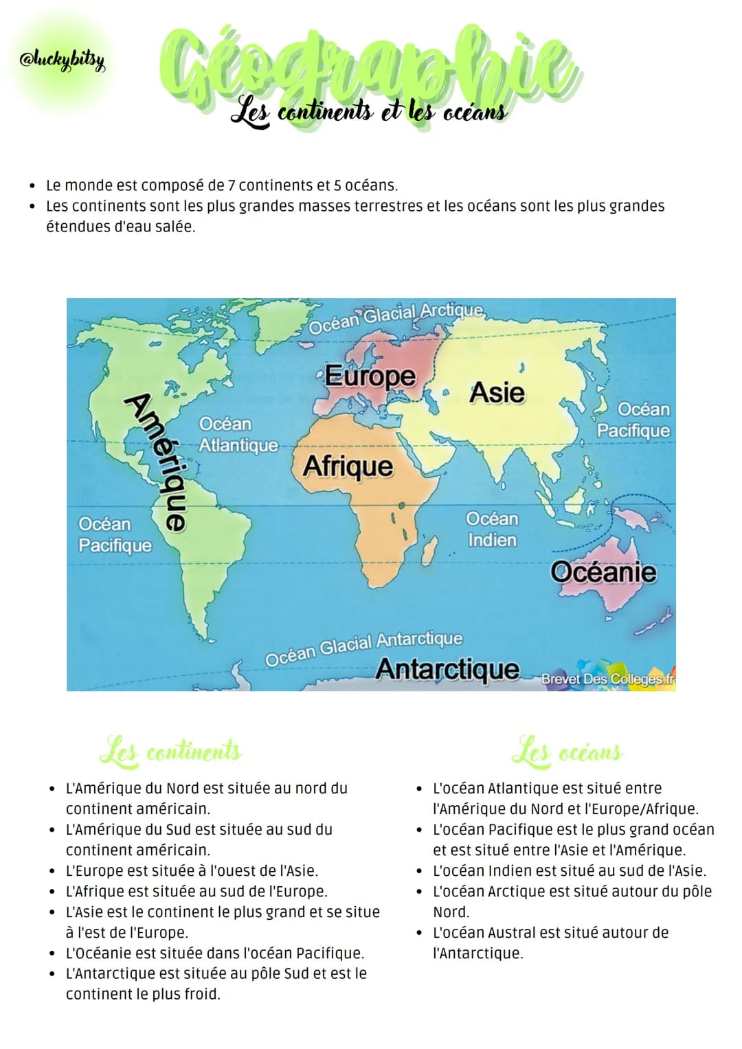 @luckybitsy
Glochmobie
Les continents et les océans
- Le monde est composé de 7 continents et 5 océans.
- Les continents sont les plus gra