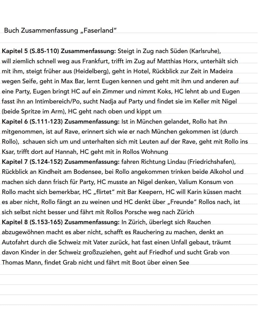 Buch Zusammenfassung „Faserland"
Kapitel 1 (S.13-24) Zusammenfassung: Reise startet auf Sylt, Hauptcharakter trinkt Jever,
hat sich mit Kar