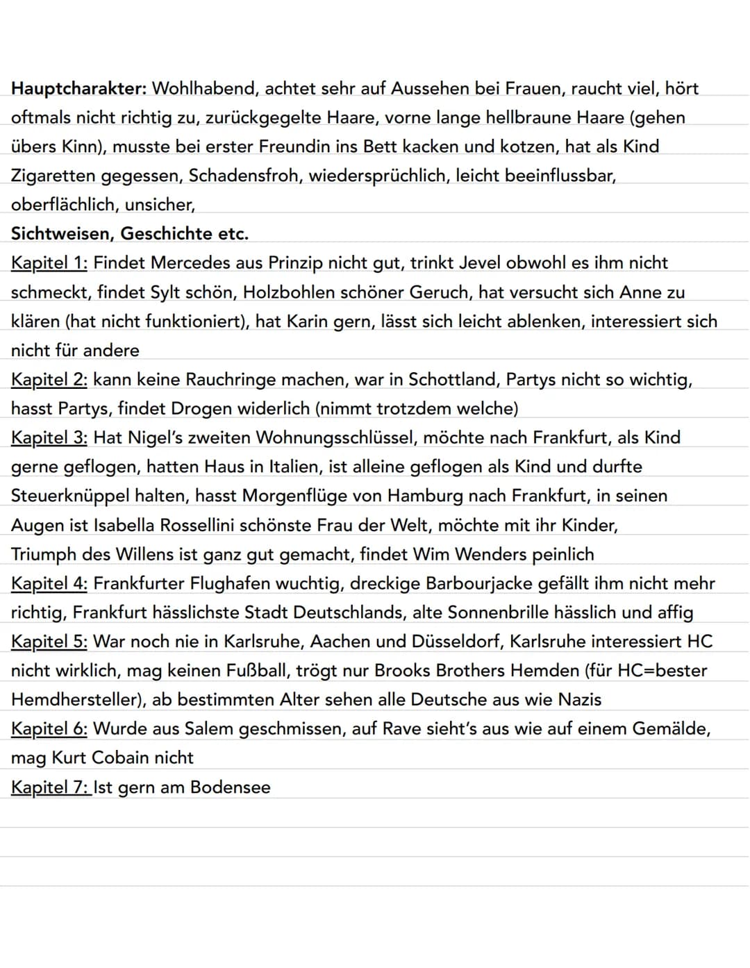 Buch Zusammenfassung „Faserland"
Kapitel 1 (S.13-24) Zusammenfassung: Reise startet auf Sylt, Hauptcharakter trinkt Jever,
hat sich mit Kar