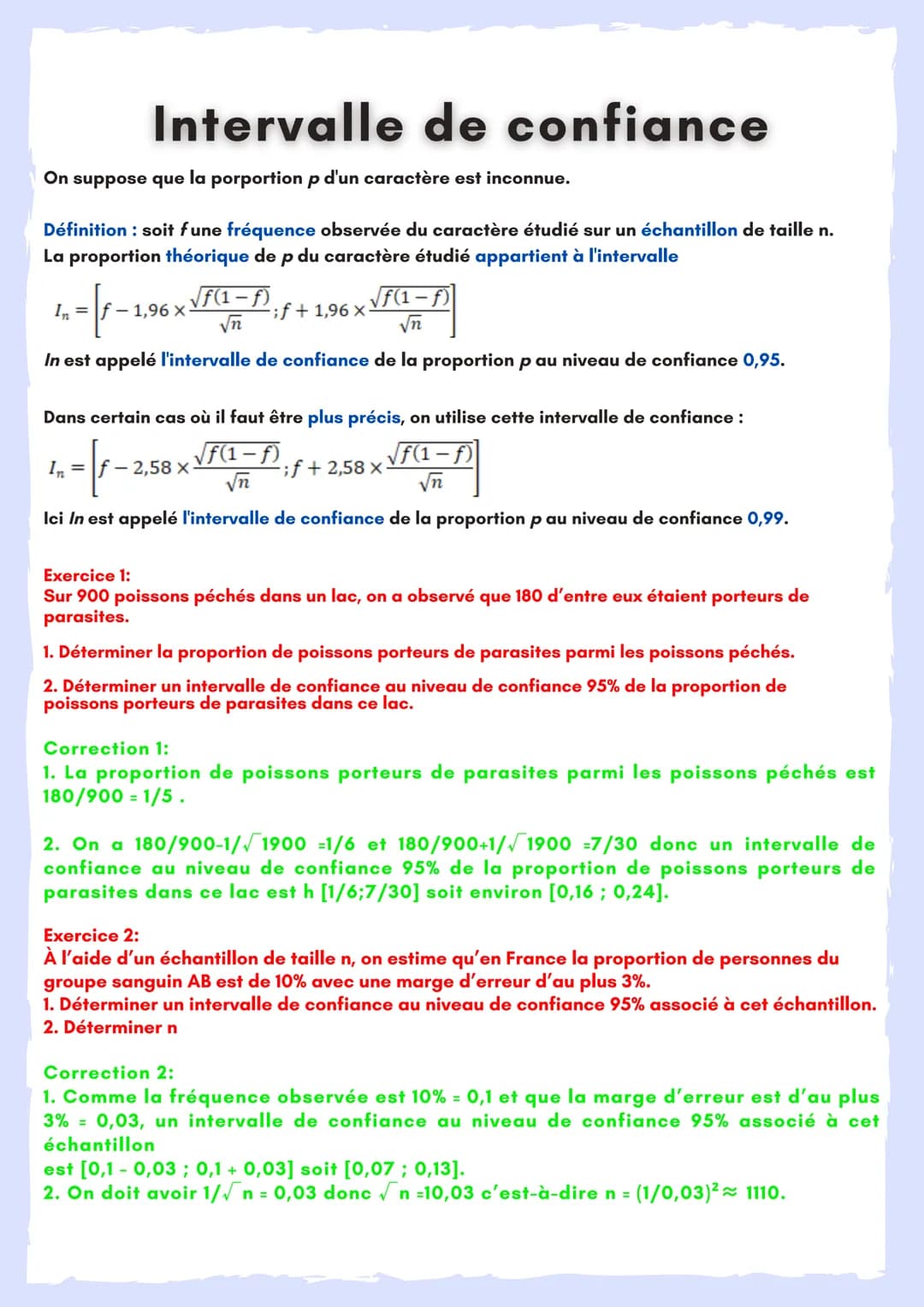 # Intervalle de confiance
On suppose que la porportion p d'un caractère est inconnue.
Définition: soit fune fréquence observée du caractèr