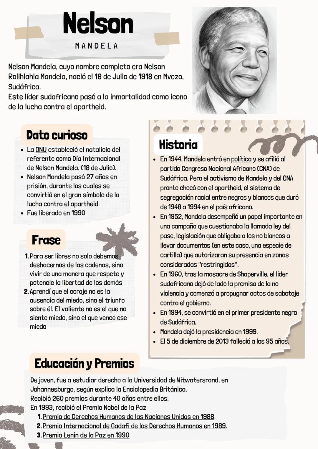 # Nelson
MANDELA
Nelson Mandela, cuyo nombre completo era Nelson
Rolihlahla Mandela, nació el 18 de Julio de 1918 en Mvezo,
Sudáfrica.
Es