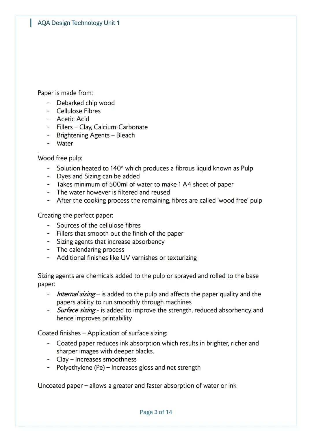 AQA Design Technology Unit 1
AQA
Design Technology
Unit 1
Content
Notes
Page 1 of 14 AQA Design Technology Unit 1
Topic 1 - Performance Char