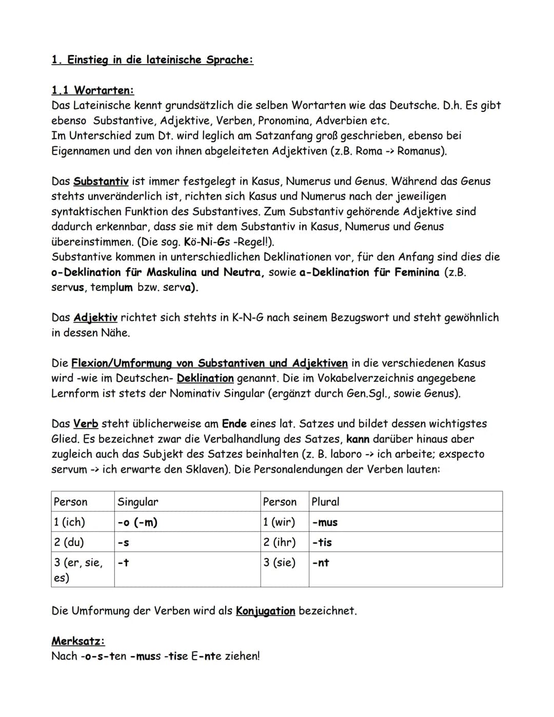 # 1. Einstieg in die lateinische Sprache:
1.1 Wortarten:
Das Lateinische kennt grundsätzlich die selben Wortarten wie das Deutsche. D.h. Es