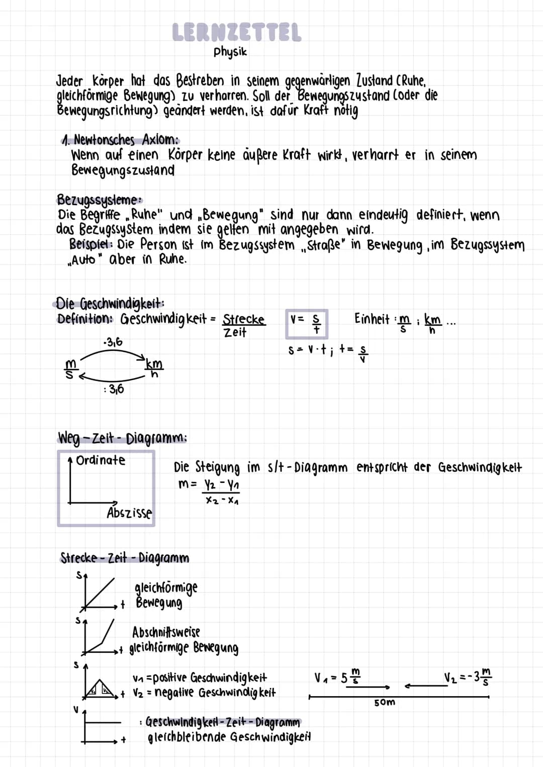 # LERNZETTEL
Physik
Jeder Körper hat das Bestreben in seinem gegenwärtigen Zustand (Ruhe,
gleichförmige Bewegung) zu verharren. Soll der Be
