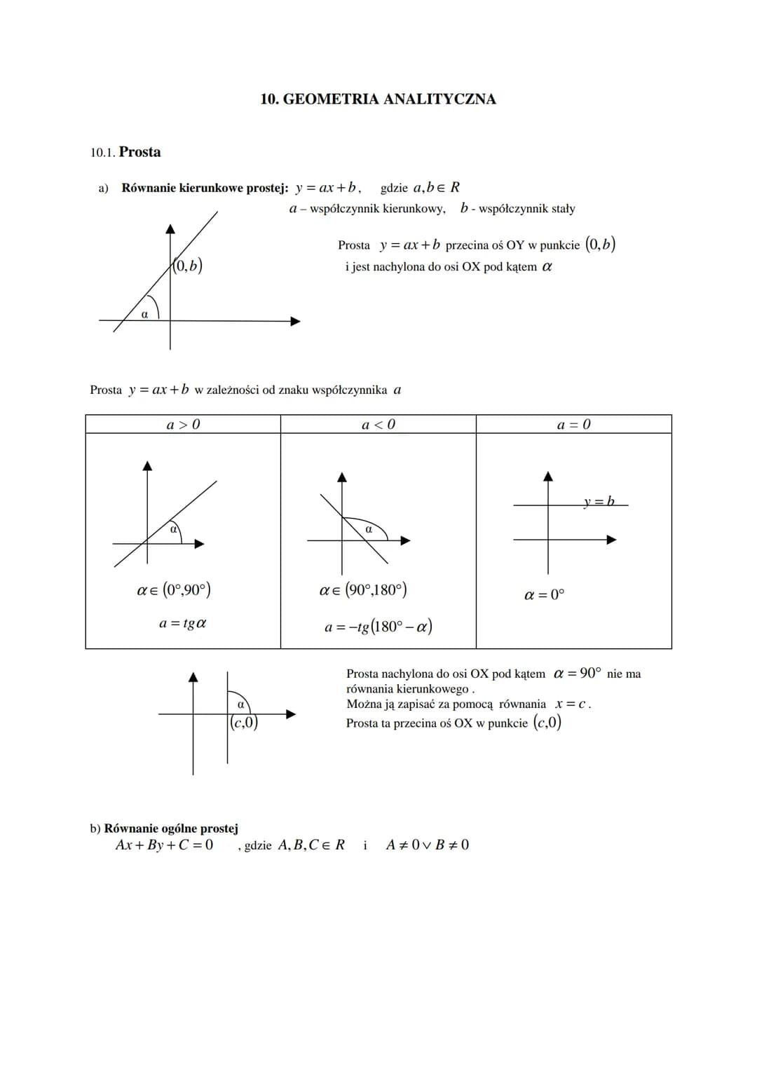 # 10. GEOMETRIA ANALITYCZNA
## 10.1. Prosta
a) Równanie kierunkowe prostej: y=ax+b, gdzie a,be R
a- współczynnik kierunkowy, b- współczyn