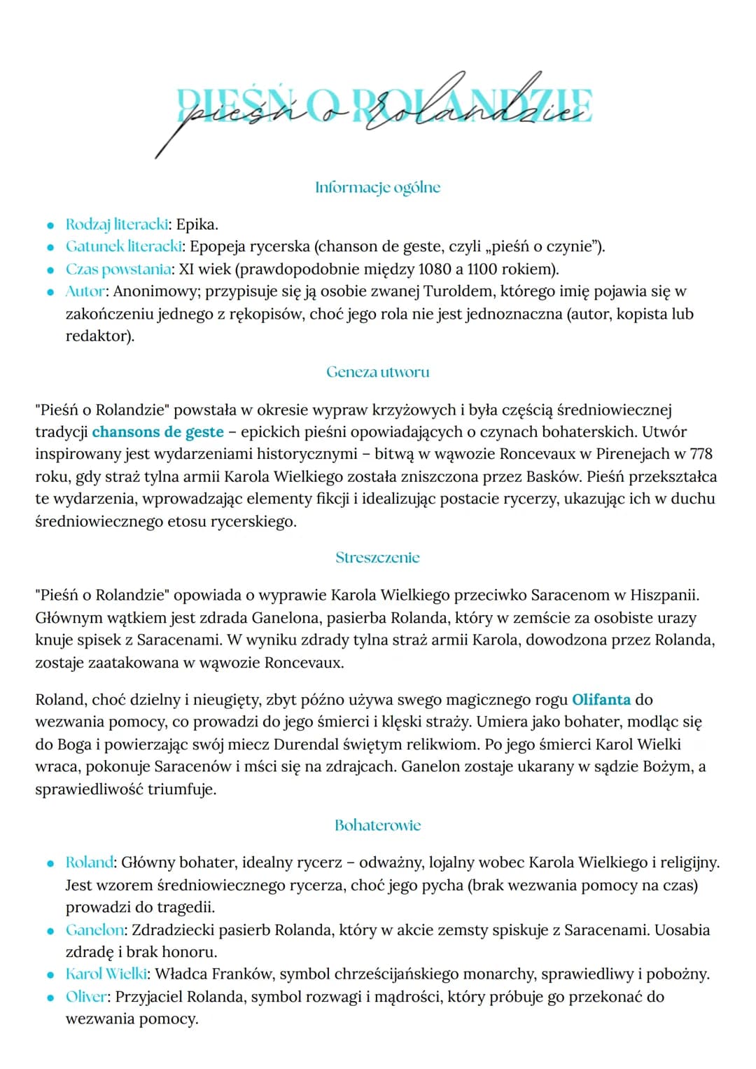 # PIESN O ROLANDZIE
Informacje ogólne
* Rodzaj literacki: Epika.
* Gatunek literacki: Epopeja rycerska (chanson de geste, czyli „pieśń
