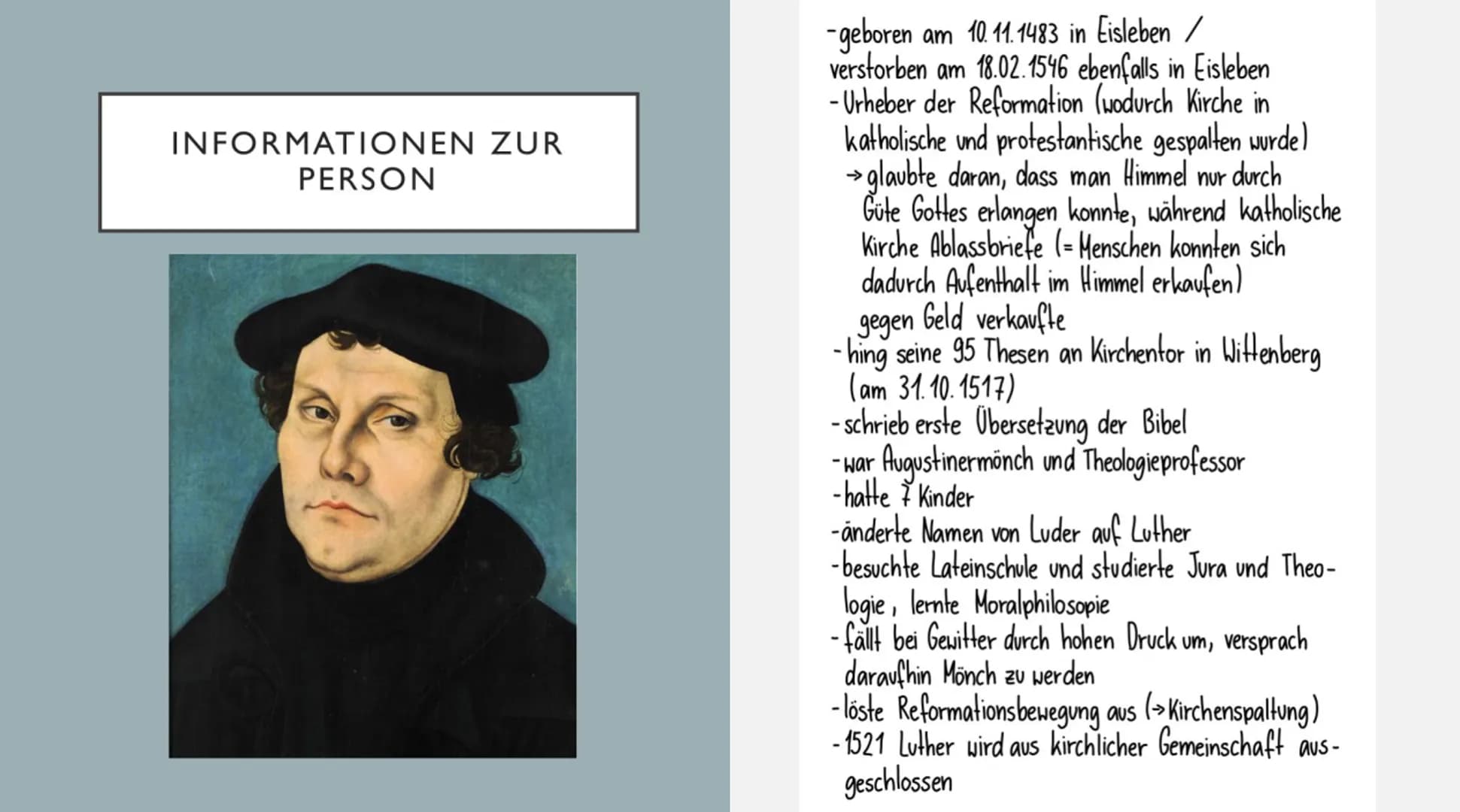 <p>Martin Luther wurde am 10.11.1483 in Eisleben geboren und verstarb am 18.02.1546 ebenfalls in Eisleben. Er war der Urheber der Reformati