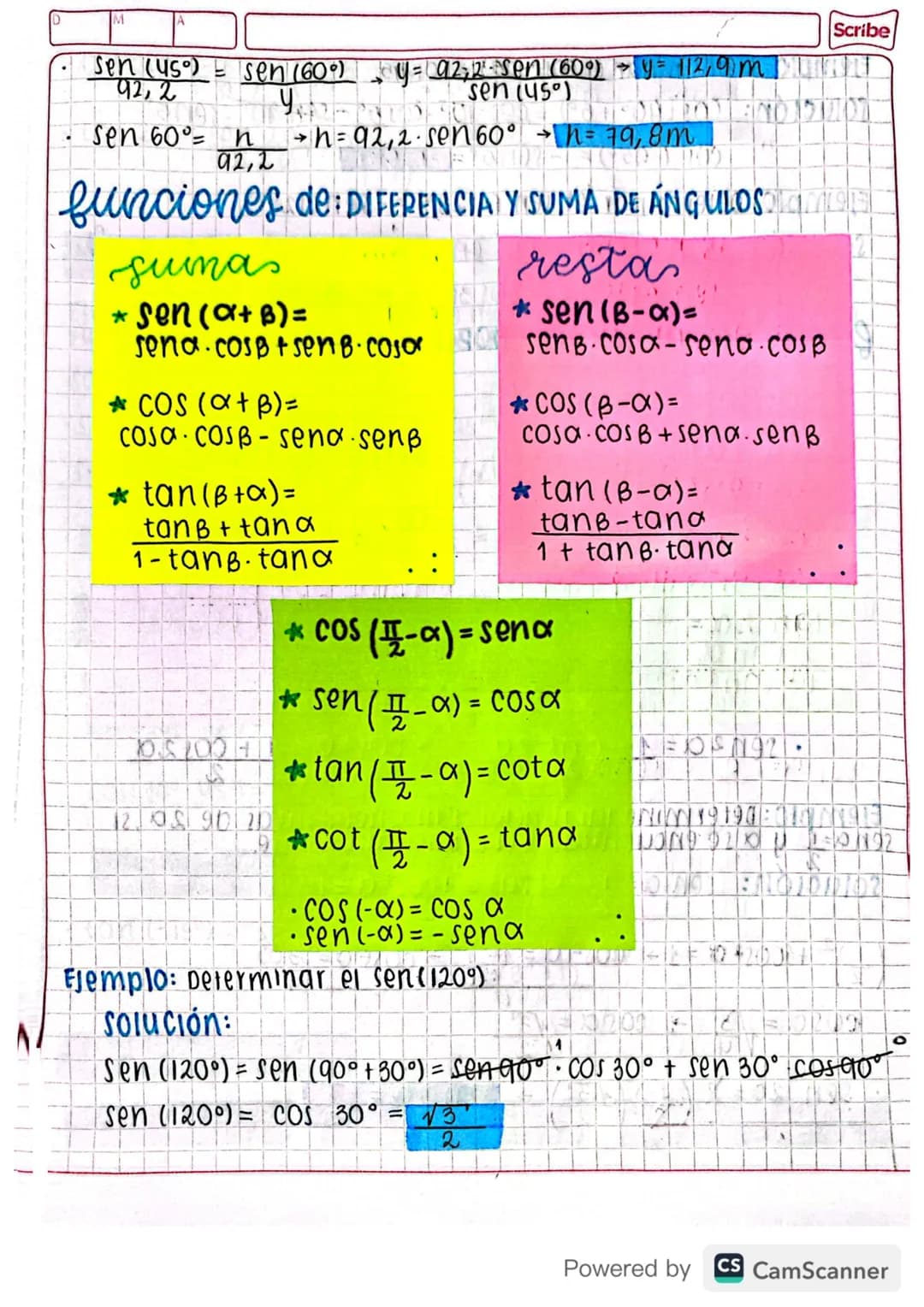 Scribe
$\\frac{sen (45°)}{92,2} = \\frac{sen (60°)}{y}$ y = a2,2-sen (60°) y= 112,9m 1
sen (45°)
sen 60°= $\\frac{n}{92,2}$ h = 92,2-sen 6