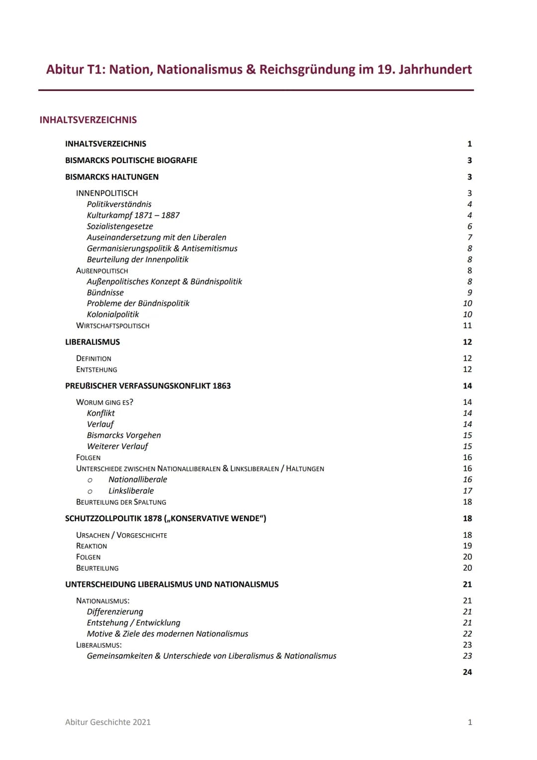 # Abitur T1: Nation, Nationalismus & Reichsgründung im 19. Jahrhundert
INHALTSVERZEICHNIS
INHALTSVERZEICHNIS
BISMARCKS POLITISCHE BIOGRAF