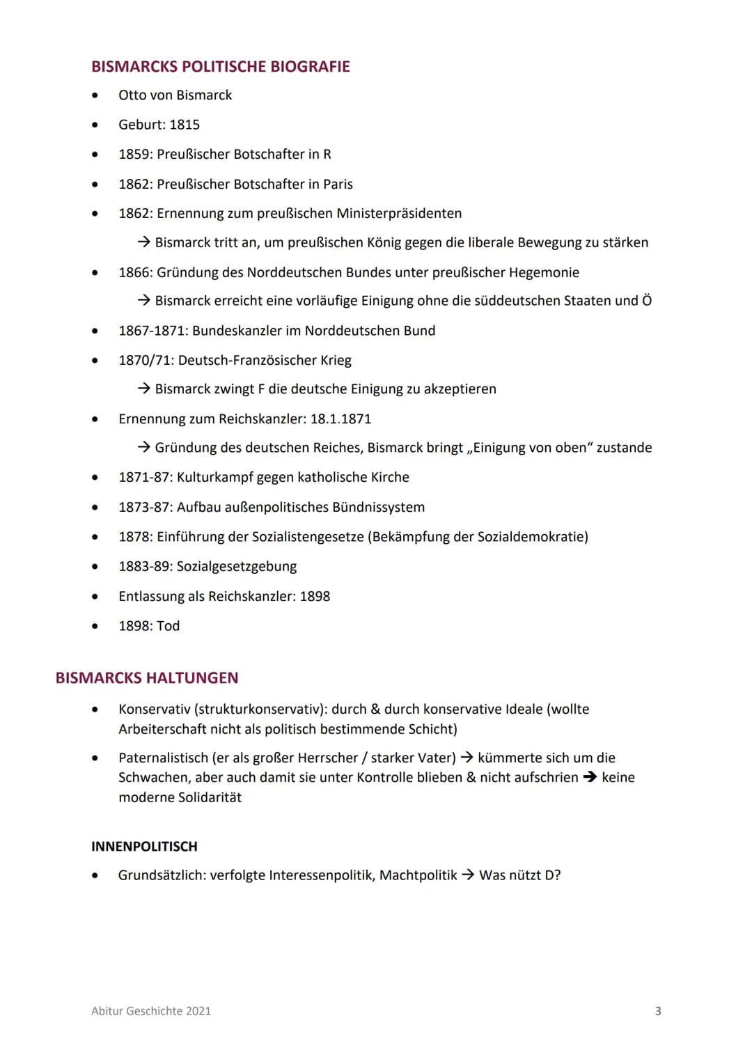 # Abitur T1: Nation, Nationalismus & Reichsgründung im 19. Jahrhundert
INHALTSVERZEICHNIS
INHALTSVERZEICHNIS
BISMARCKS POLITISCHE BIOGRAF