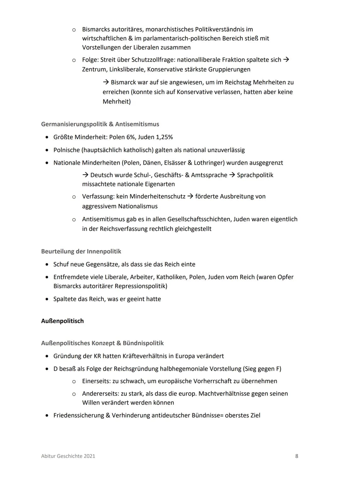# Abitur T1: Nation, Nationalismus & Reichsgründung im 19. Jahrhundert
INHALTSVERZEICHNIS
INHALTSVERZEICHNIS
BISMARCKS POLITISCHE BIOGRAF