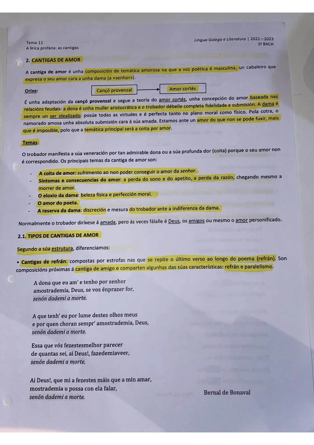 Tema 11
A lirica profana: as cantigas
2. CANTIGAS DE AMOR
Lingua Galega e Literatura | 2022-2023
1º BACH
A cantiga de amor é unha composi