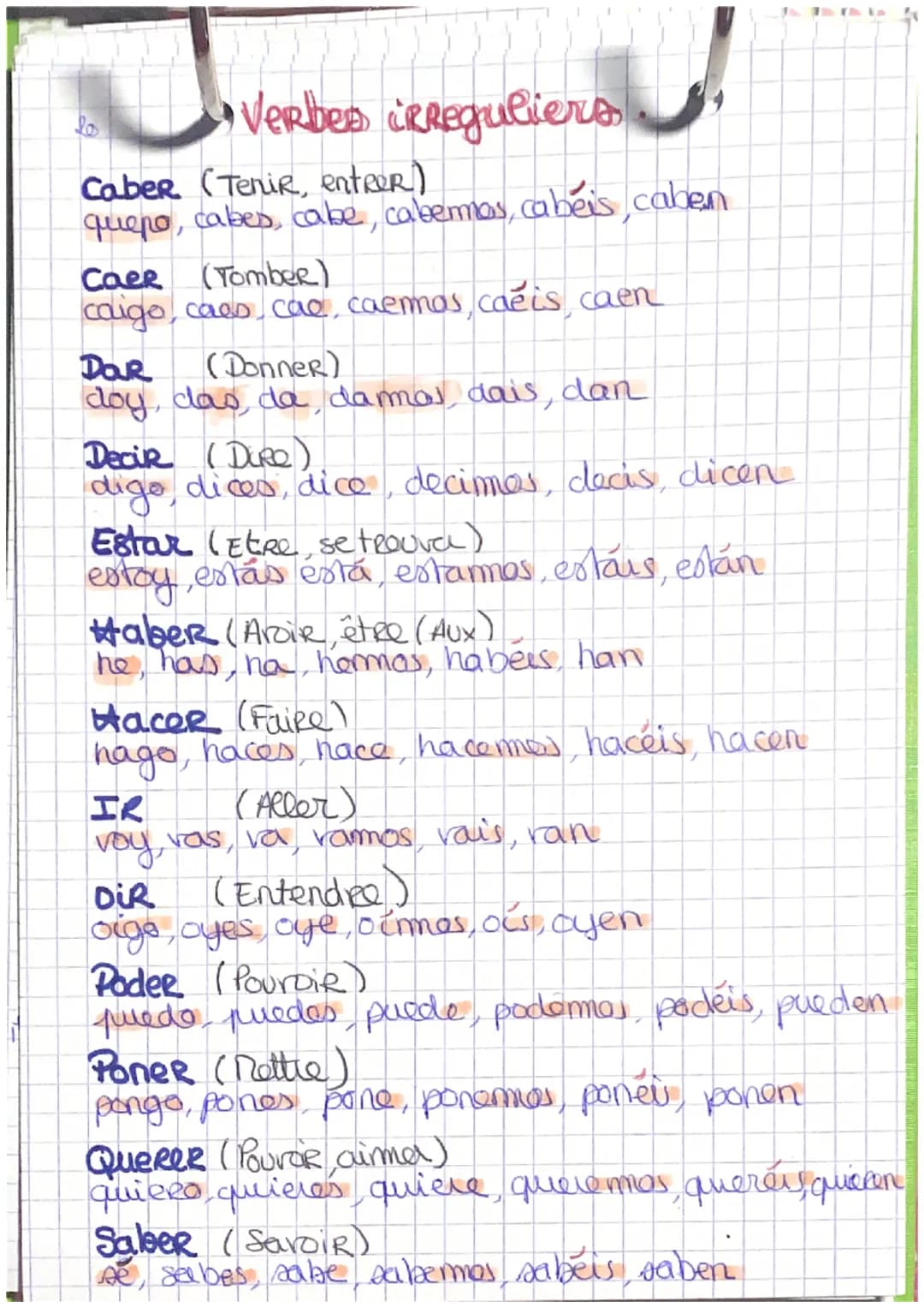 lo
# Verbes irreguliers.
**Caber** (Tenir, entrer)
quepo, cabes, cabe, cabermas, cabéis, caben
**Caer** (Tomber)
caigo, caes, cae, caemas,