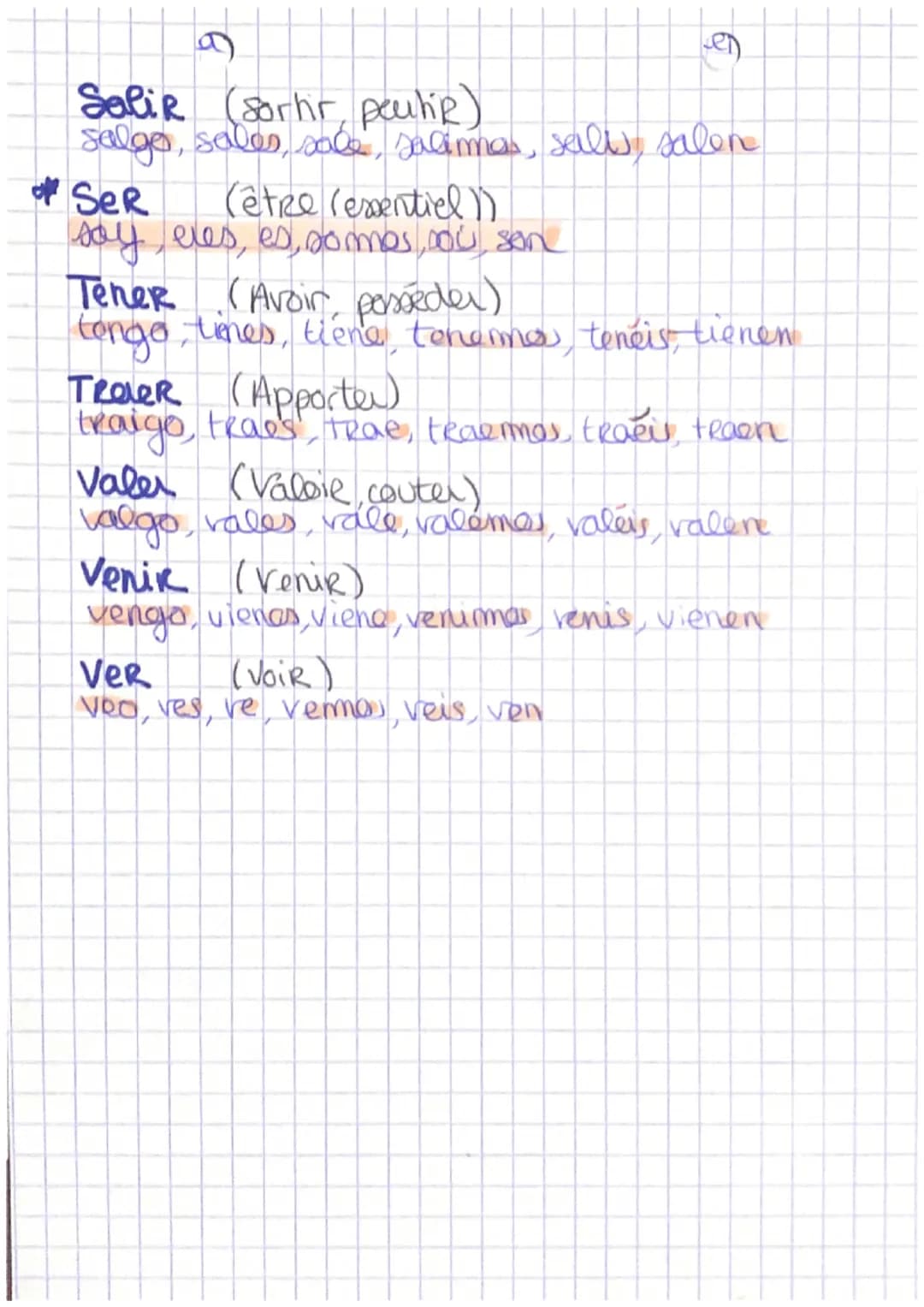 lo
# Verbes irreguliers.
**Caber** (Tenir, entrer)
quepo, cabes, cabe, cabermas, cabéis, caben
**Caer** (Tomber)
caigo, caes, cae, caemas,