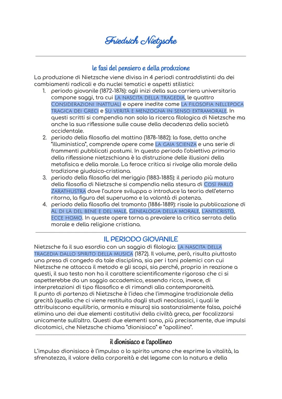 # Friedrich Nietzsche
le fasi del pensiero e della produzione
La produzione di Nietzsche viene divisa in 4 periodi contraddistinti da dei