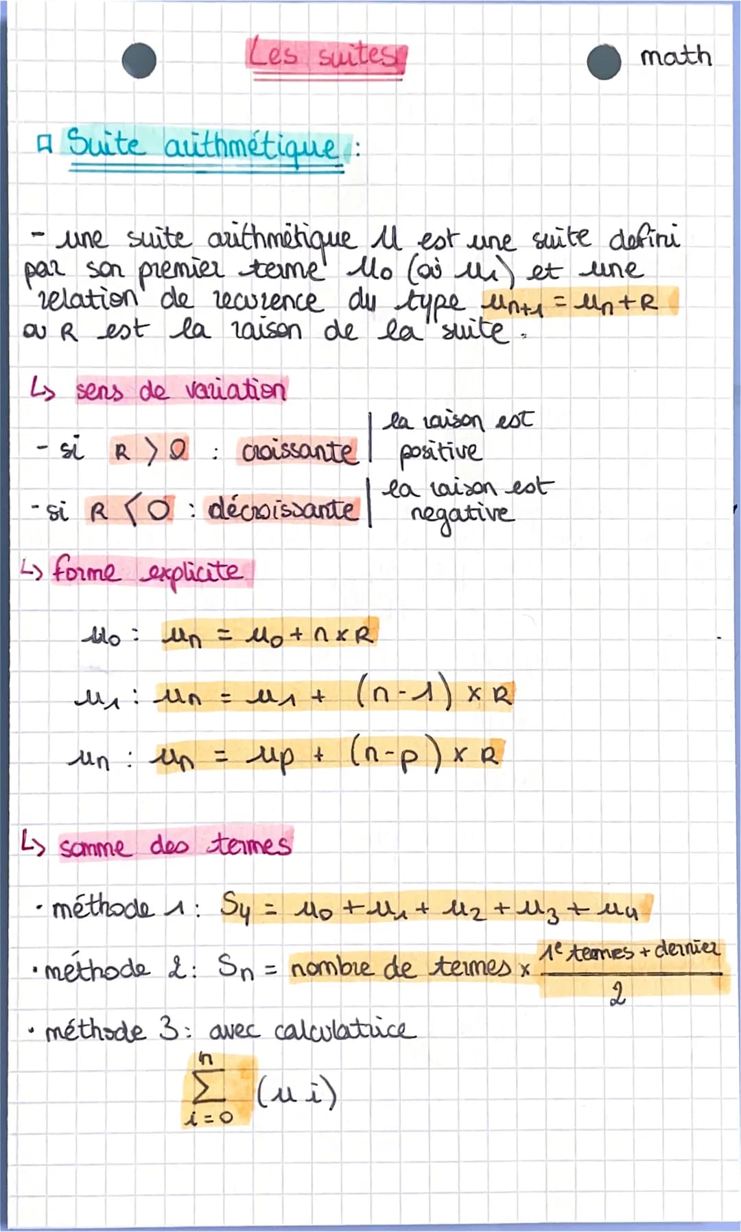 # Les suites
math
A Suite authmétique:
- une suite arithmétique il est une suite defini
par son premier terme Mo (ai lui) et une
relation