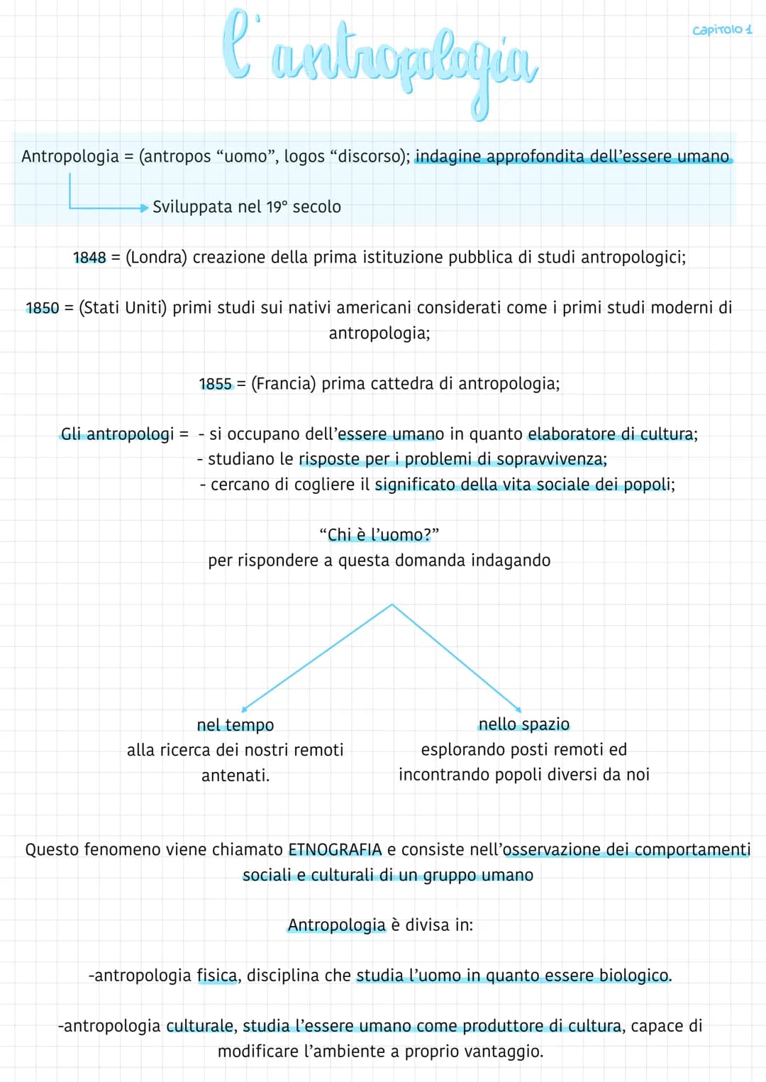 # l'antropologia
Capitolo 1
Antropologia = (antropos "uomo", logos "discorso); indagine approfondita dell'essere umano
Sviluppata nel 19°