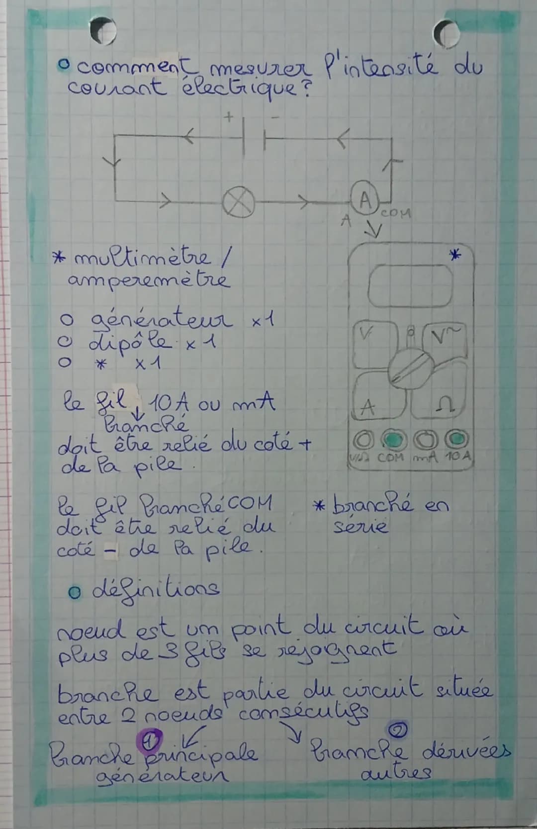 l'intensité du courant électrique
oles signes
le générateur - G
la diode -$\,\triangleright$
la pile $\pm$
la Pampe -$\otimes$
circuit