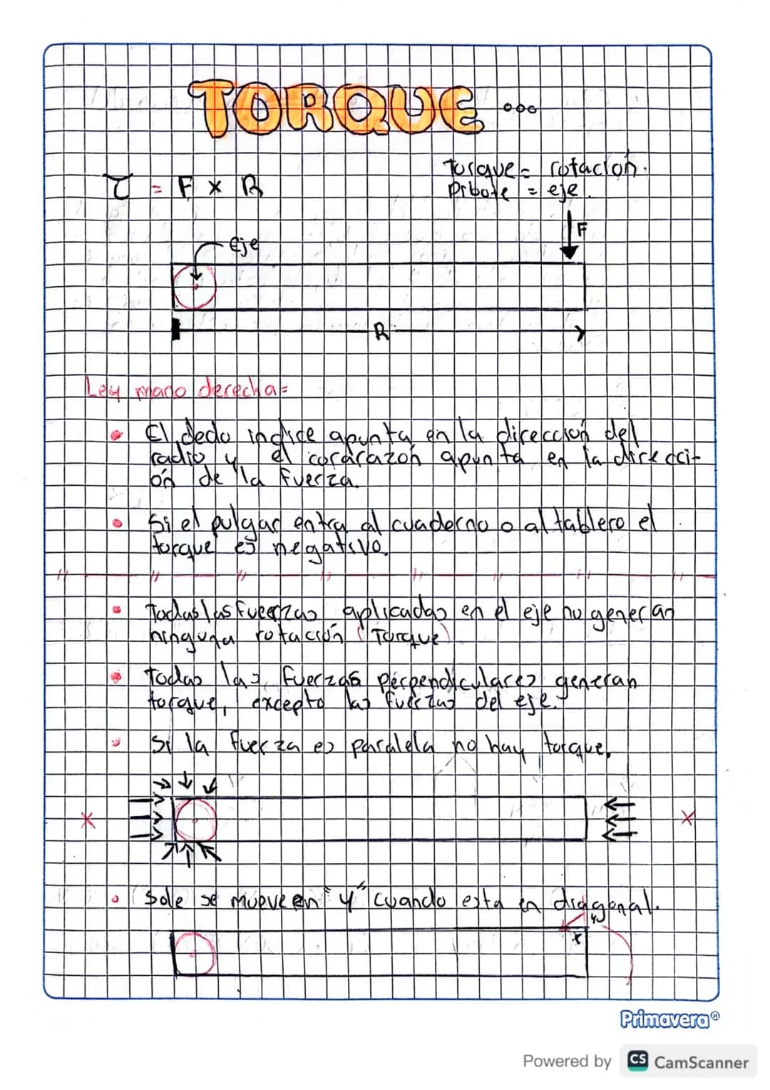 # TORQUE ***
$\tau = F \times R$
eje
Torque: rotación.
Prbote = eje
-24 mano derecha =
R
• El dedo indice apunta on la direccion del
r