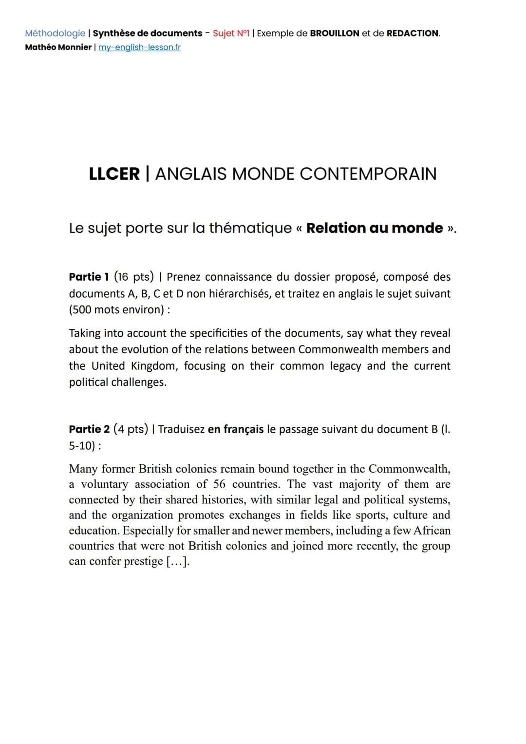 Méthodologie | Synthèse de documents - Sujet N°1 | Exemple de BROUILLON et de REDACTION.
Mathéo Monnier | my-english-lesson.fr
LLCER | ANGL