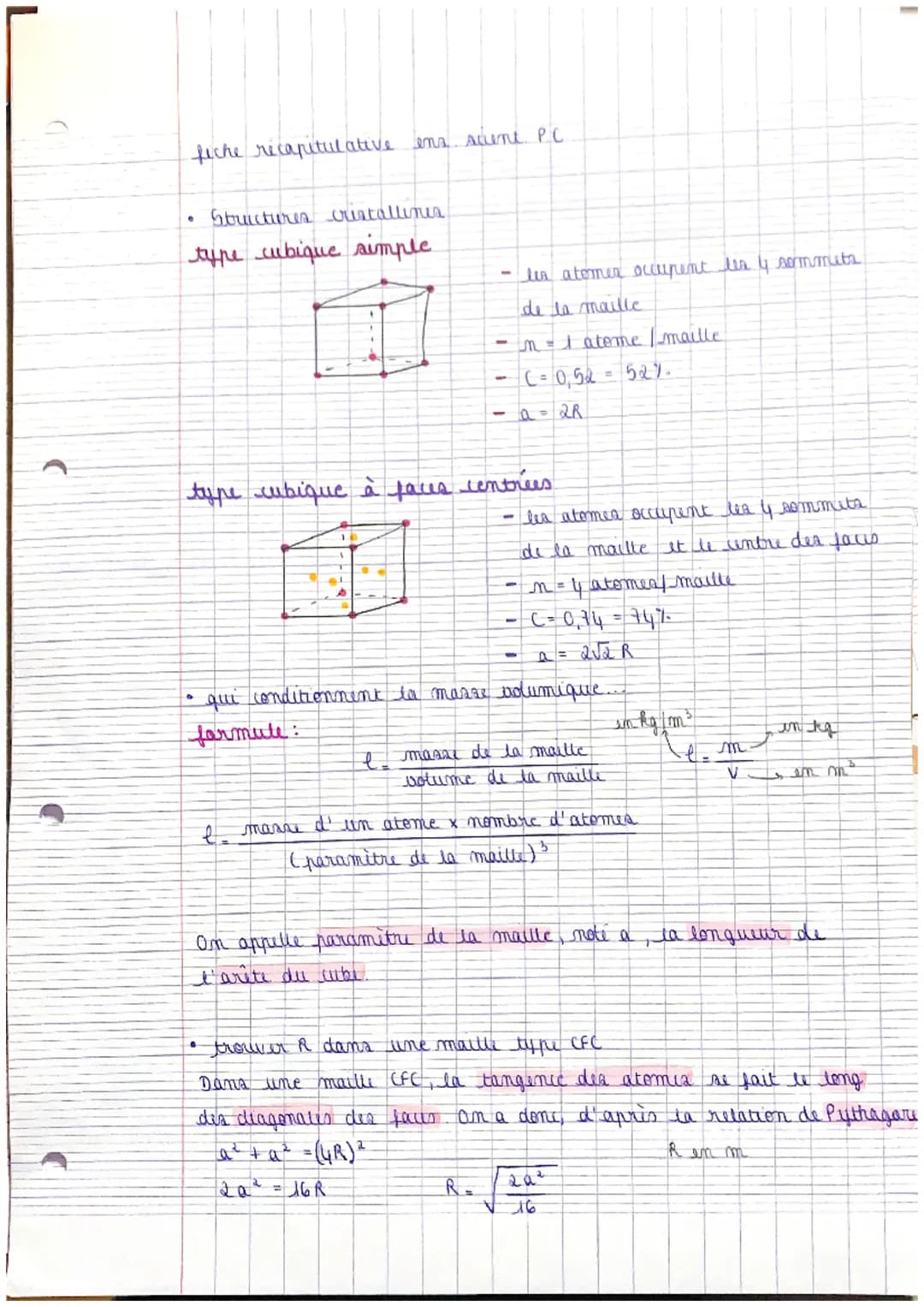 fiche recapitulative ens accent PC
- Structures crustalliner
type cubique simple
- lun atomer occupent les 4 sormmuta
de la maille
- n=1