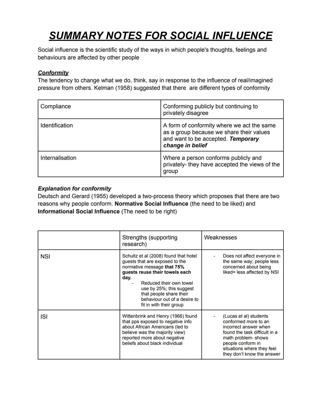 # SUMMARY NOTES FOR SOCIAL INFLUENCE
## ASCH EXPERIMENT FOR CONFORMITY
Procedure
- 123 participants (pps) American males
- Naive pps in a