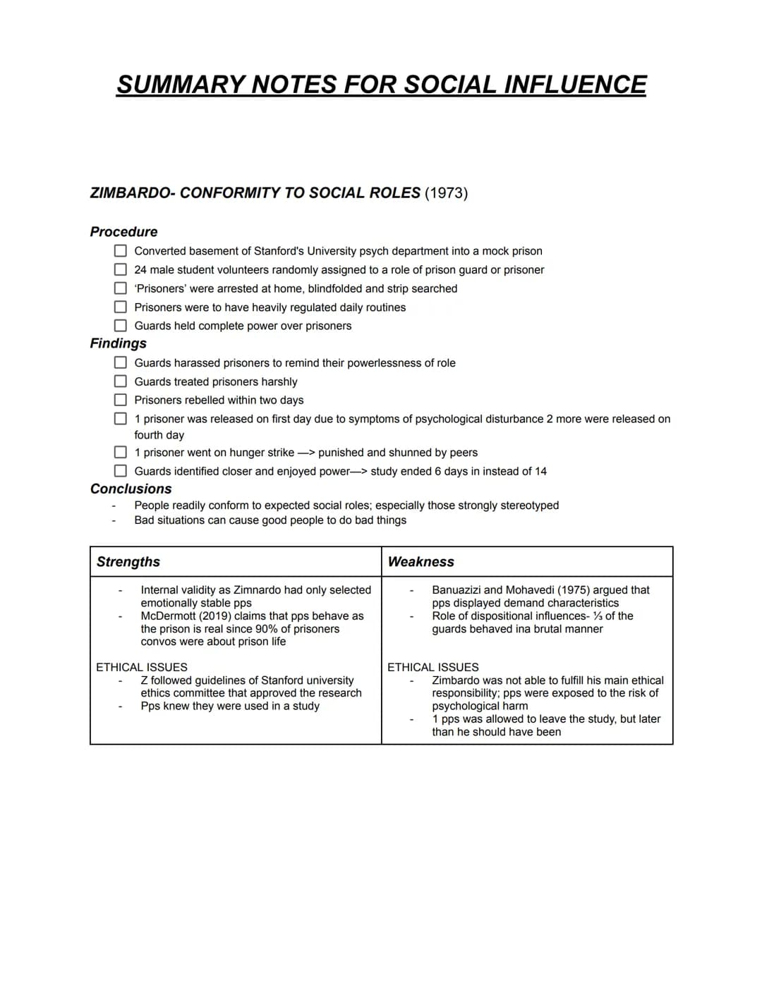 # SUMMARY NOTES FOR SOCIAL INFLUENCE
## ASCH EXPERIMENT FOR CONFORMITY
Procedure
- 123 participants (pps) American males
- Naive pps in a