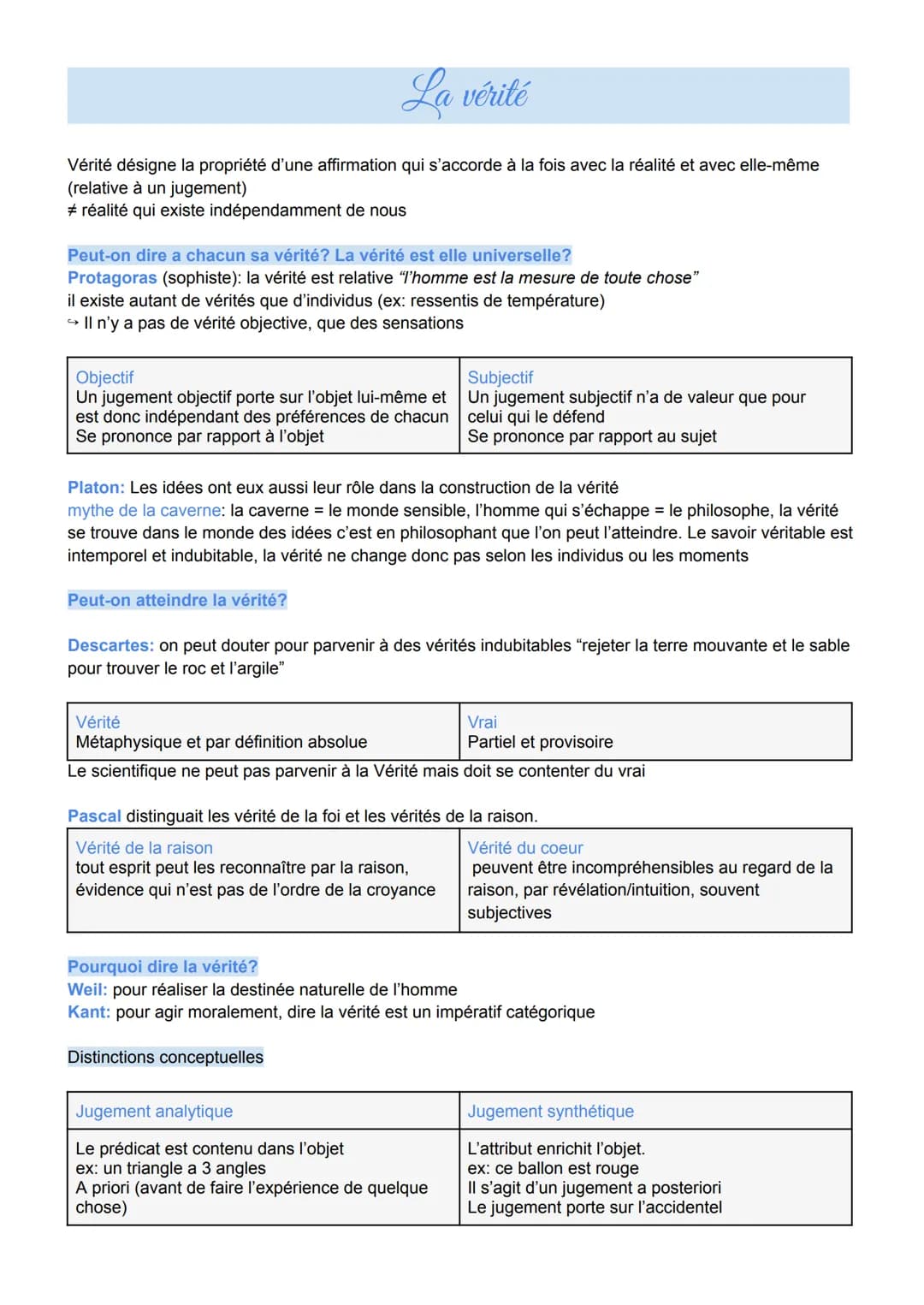 La vérité
Vérité désigne la propriété d'une affirmation qui s'accorde à la fois avec la réalité et avec elle-même
(relative à un jugement)