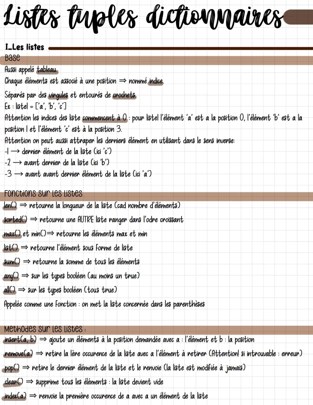 # Listes tuples dictionnaires
I_Les listes
Base
Aussi appelé tableau.
Chaque éléments est associé à une position → nommé indice.
Séparé