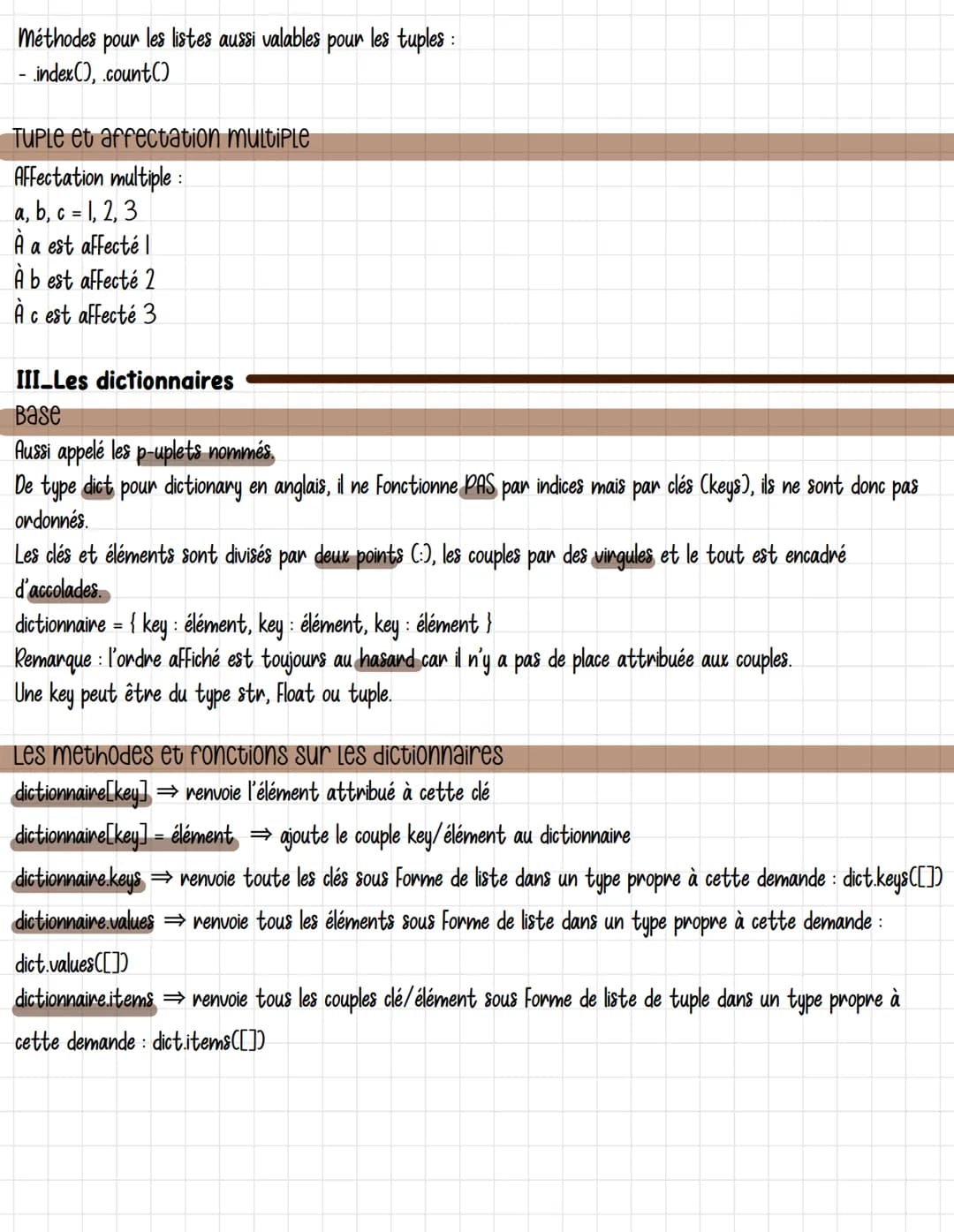 # Listes tuples dictionnaires
I_Les listes
Base
Aussi appelé tableau.
Chaque éléments est associé à une position → nommé indice.
Séparé