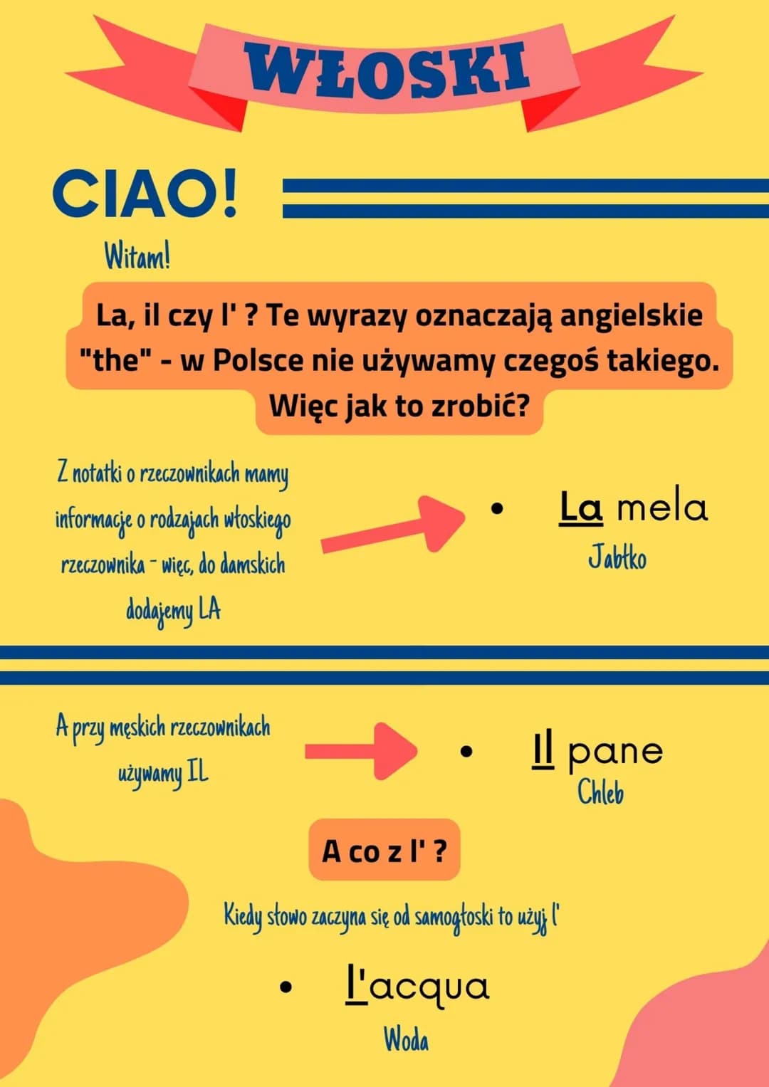 # WŁOSKI
CIAO!
Witam!
La, il czy l'? Te wyrazy oznaczają angielskie
"the" w Polsce nie używamy czegoś takiego.
Więc jak to zrobić?
Z nota