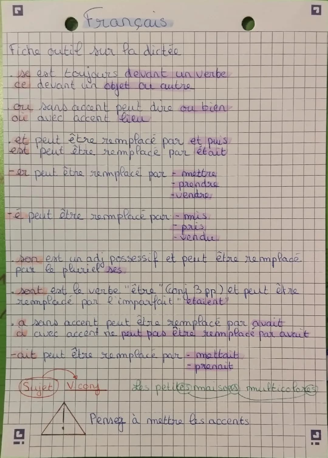 # Français
Fiche outil sur la dictée
• se est toujours devant un verbe
ce devant un objet ou autre
ou sans caccent peut dire ou bien
ou a