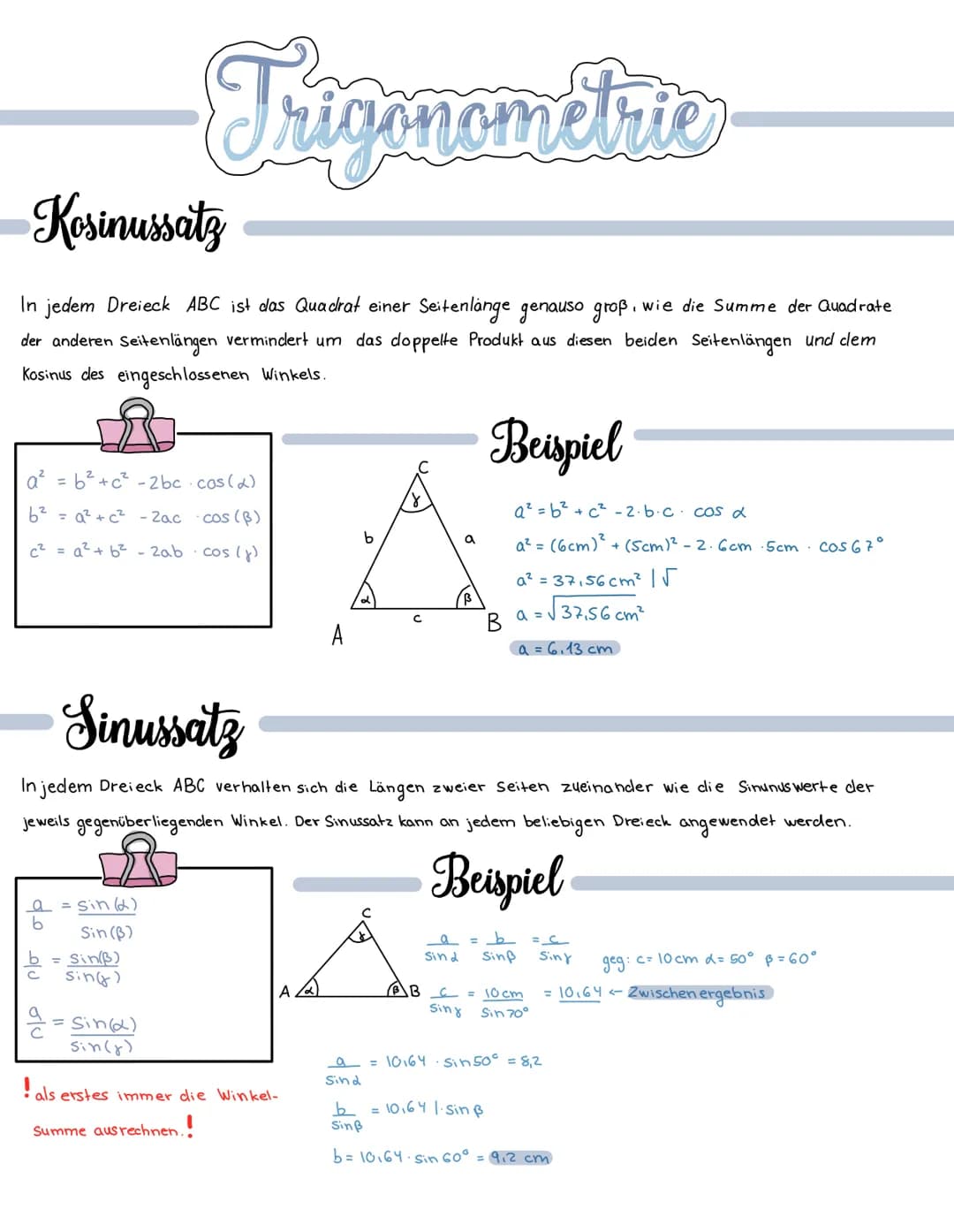 # Trigonometrie
b
C
C
B
b
C
Cos/tan und sin nur im rechtwinkligen Dreieck anwenden
sin = Gegenkathete
Hypotenuse
COS = Ankathet