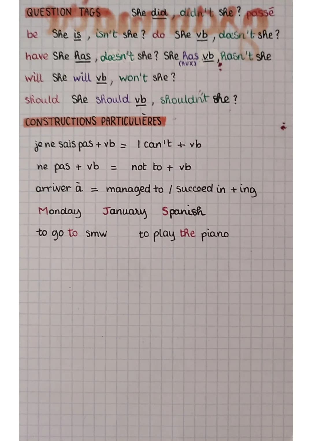 # grammaire
PRESENT
simple
habitude/vérité générale
base verbale
FUTUR
simple
act future d's son ensol
will + base vb
continu
action