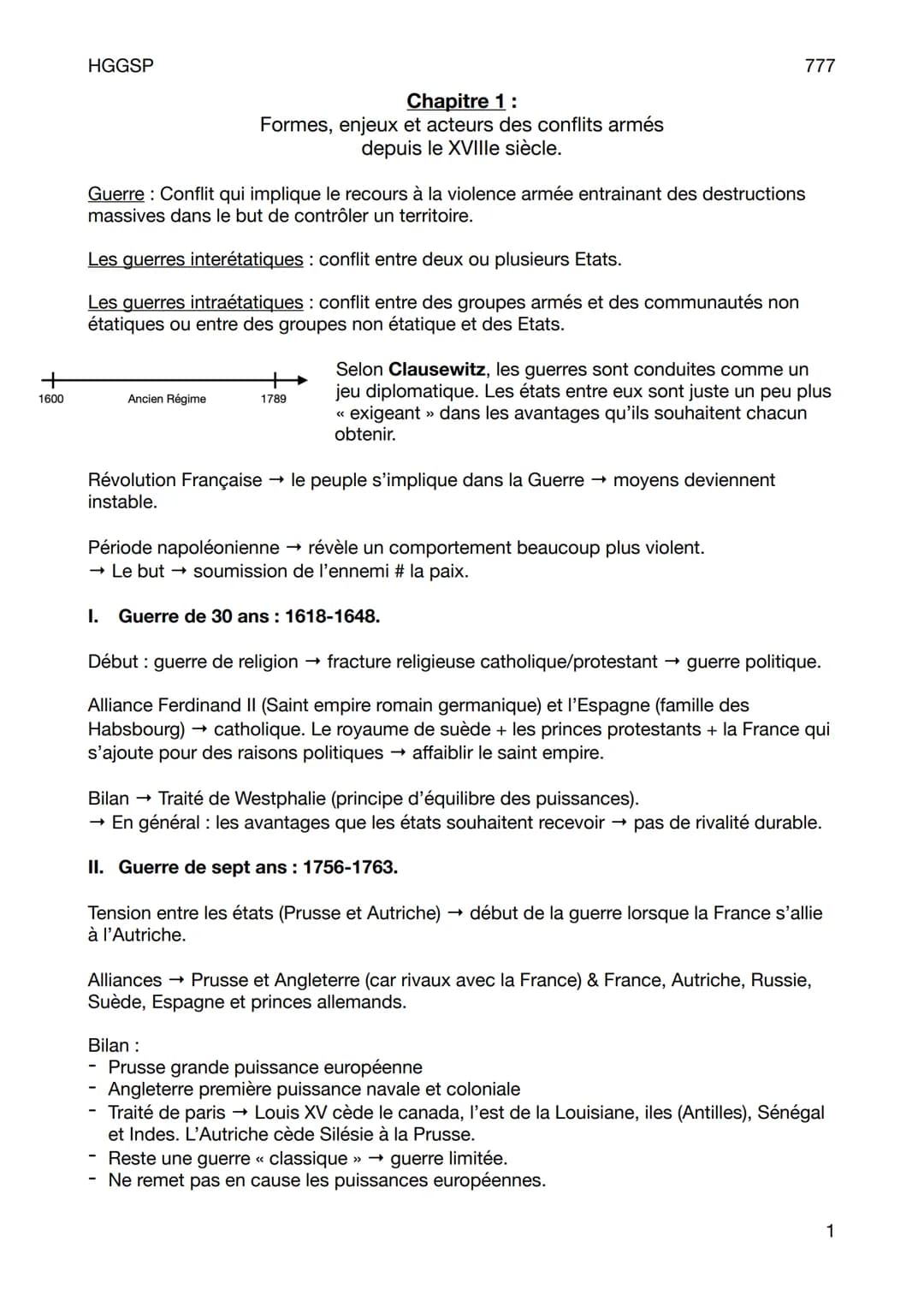 HGGSP
777
Chapitre 1:
Formes, enjeux et acteurs des conflits armés
depuis le XVIIIe siècle.
Guerre: Conflit qui implique le recours à la v