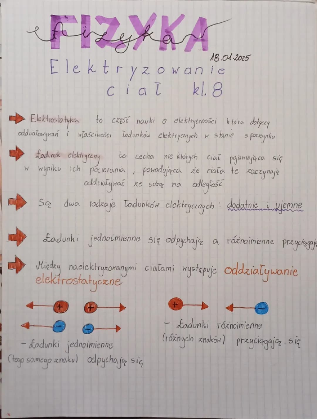 # FIZYKA
18.01.2025
Elektryzowanie
ciał kl. 8
$
Elektrostatyka
$
to część nauki o elektryccności która dotyccy
odduiatorgrań i właściwo