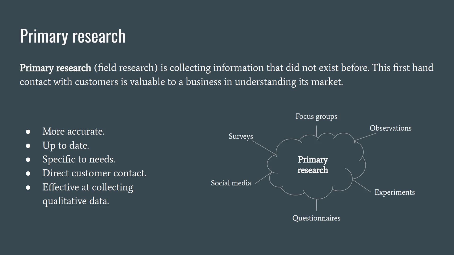 # Types of Market Research # Primary research
Primary research (field research) is collecting information that did not exist before. This f