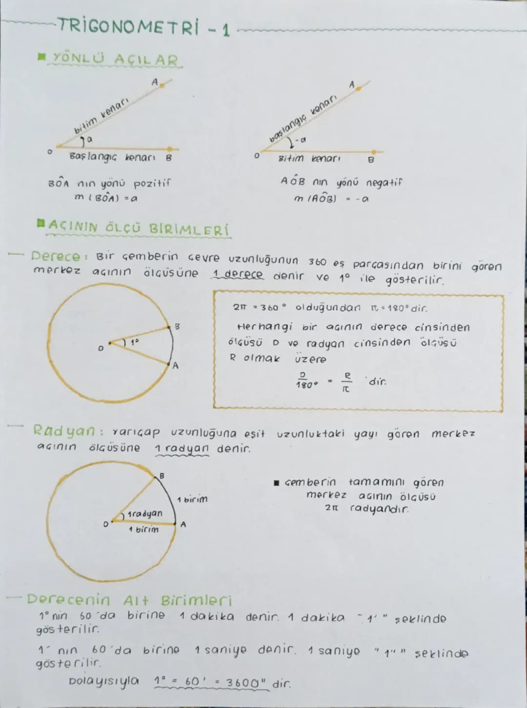 - TRIGONOMETRİ - 1
■ YÖNLÜ AÇILAR
A
bitim kenarı
Ja
Başlangıç kenarı B
BOA nın yönü pozitif
M(BOA) = a
AÇININ ÖLÇÜ BİRİMLERİ
başlangıç